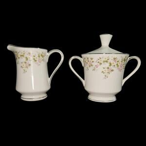 VTG Treasure Chest Lenore Creamer & Sugar Bowl w/ Lid Japan Floral Silver Trim